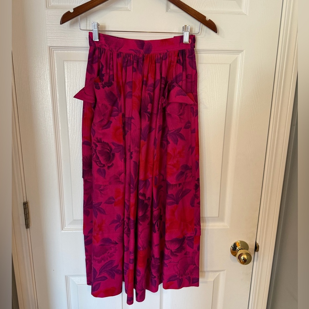 Vintage 1980s Wool Escada Fuchsia Floral Midi Skirt